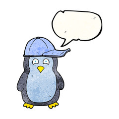speech bubble textured cartoon penguin wearing hat