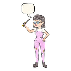 speech bubble textured cartoon female mechanic