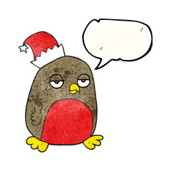 speech bubble textured cartoon christmas robin wearing santa hat