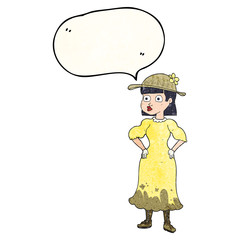 speech bubble textured cartoon woman in muddy dress