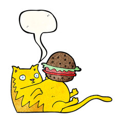 speech bubble textured cartoon fat cat with burger