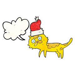 speech bubble textured cartoon cat wearing christmas hat