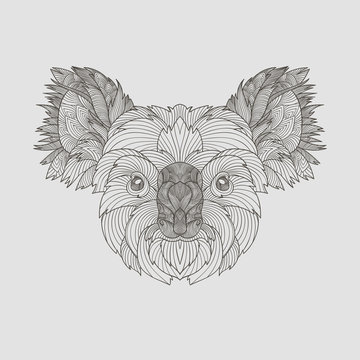 Detail zentangle. Boho hand drawn stile koala portrait. Vector illustration.