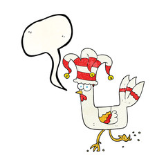 speech bubble textured cartoon chicken running in funny hat