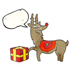 speech bubble textured cartoon christmas reindeer with present