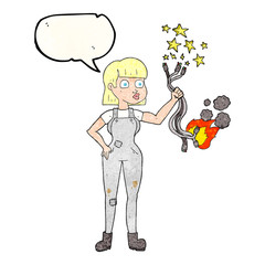 speech bubble textured cartoon female electrician