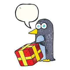 speech bubble textured cartoon penguin with christmas present