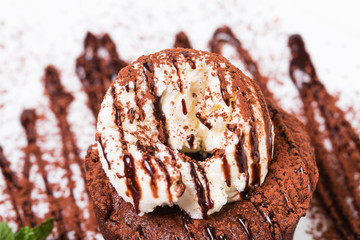 Delicious chocolate fondant with ice cream.