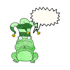 speech bubble textured cartoon nervous frog wearing jester hat