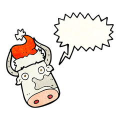 speech bubble textured cartoon cow wearing christmas hat