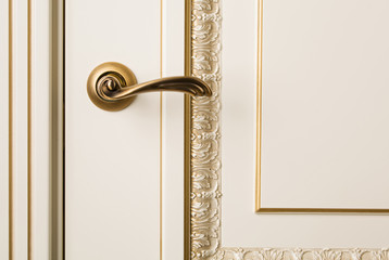 The door leaf with a metal handle, close-up