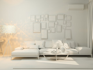 3D render of interior design living in a studio apartment in a modern minimalist style. The illustration shows a corner sofa and  large floor lamp.