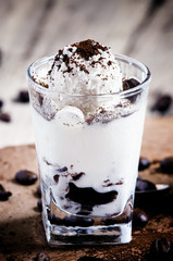 Sweet dessert with vanilla ice cream, chocolate cookies, coffee,