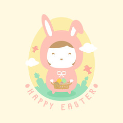 Easter rabbit girl holding colorful easter egg basket with bird, carrot, cloud and text Happy Easter illustration isolated on cream background