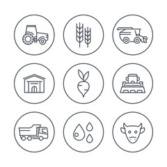 Agriculture, farming line icons in circles, tractor, harvest, cattle, agricultural machinery icons, vector illustration