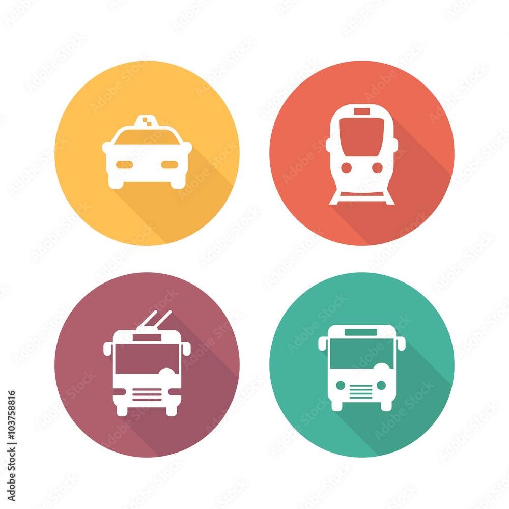 Poster City transport icons, public transport pictograms, public transportation round flat icons, subway, taxi, bus, trolleybus symbols,