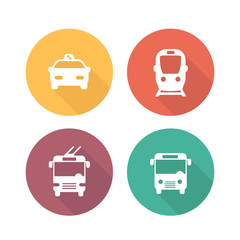 City transport icons, public transport pictograms, public transportation round flat icons, subway, taxi, bus, trolleybus symbols,