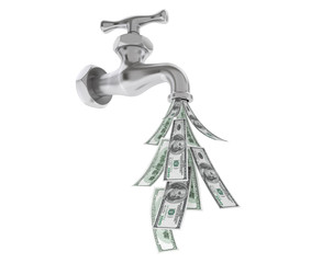 Dollar Bills Coming Out From Chrome Water Tap on a white