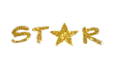 Word Star of golden glitter sparkle on white background