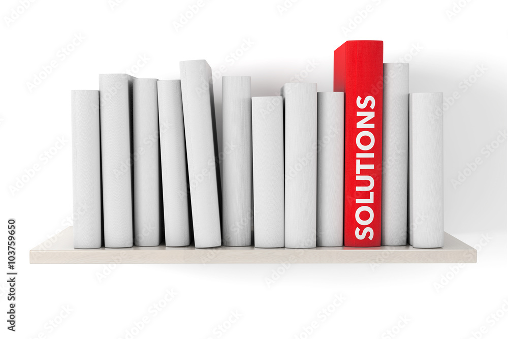 Poster red solutions book on a shelf with another blank books