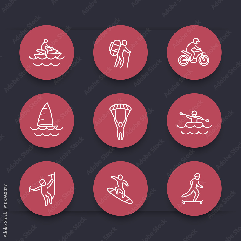 Wall mural extreme outdoor activities round red line icons, vector illustration