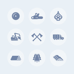 Logging, forestry equipment icons, sawmill, logging truck, tree harvester, timber, lumber, logging isolated icons, vector