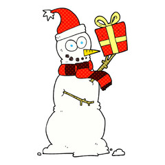 cartoon snowman holding present