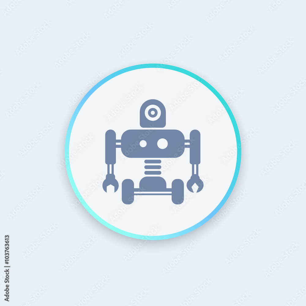 Poster robotics icon, robot, mechanical engineering, artificial intelligence round icon, vector illustratio