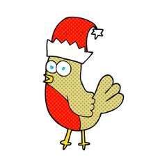 cartoon robin in christmas hat