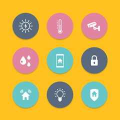 Smart house round flat icons, cctv, security, signalling, light, temperature control icons, vector illustration