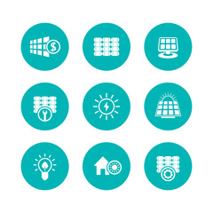 Solar energy icons, panels, alternative energetics, flat round green icons set, vector illustration