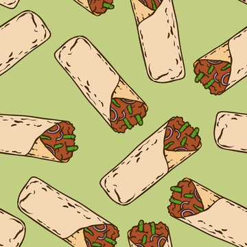Seamless Pattern with Tasty Mexican Burrito