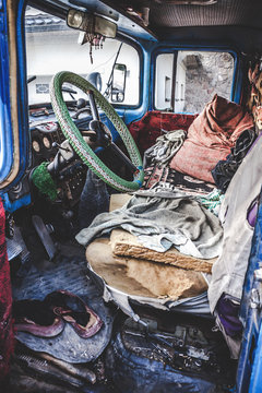 interior of cabin of old truck