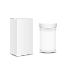 Blank medicine bottle. Package of drugs with package box for pills