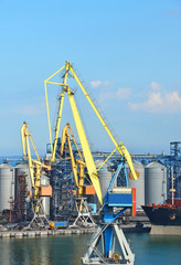 Fototapeta na wymiar Cargo crane, ship and grain dryer