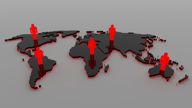 3d Black World map with people and red light