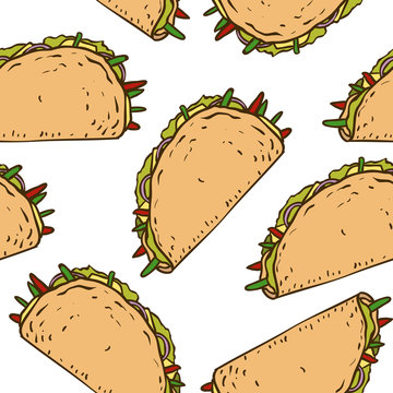Seamless Pattern with Mexican Taco in Wheat Tortilla