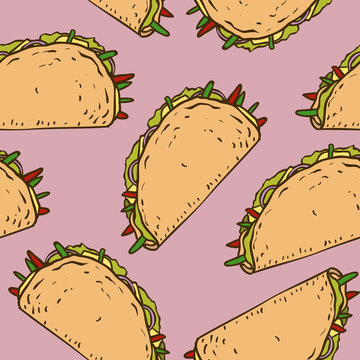 Seamless Pattern with Mexican Taco in Wheat Tortilla
