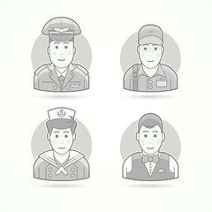 Pilot, delivery man, shipboy, waiter icons. Character, avatar and person illustrations. Flat black and white outlined style.