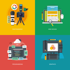 Set of flat design illustration concepts for photography, web design, programming, graphics.  Education and knowledge ideas. Informational technologies and digital arts.