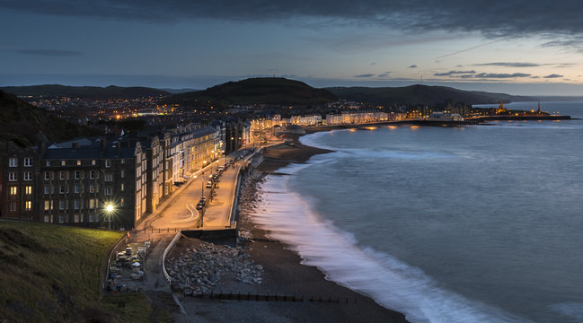 Aberystwyth Promenade, on the west coast of Wales, at dusk, with a slow shutter speed