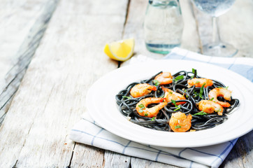 Black pasta with shrimps