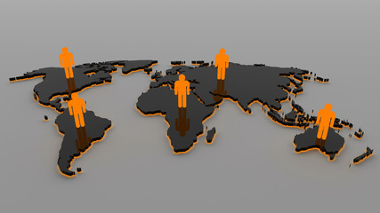 3d Black World map with people and orange light