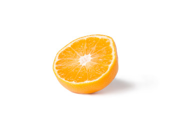 an orange cut in half on a white background