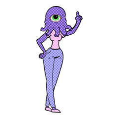 cartoon female alien with raised hand