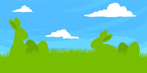 Easter Bunny Nature Silhouette Set With Eggs in Fresh Green Grass And Blue Sky in The Background