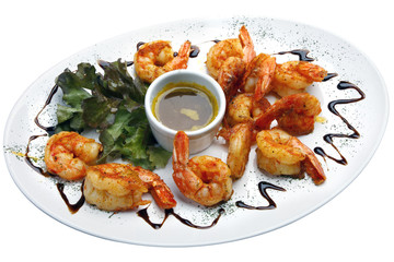 Haute cuisine, large shrimp with sauce