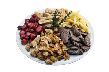 Plate of snacks, meat, potatoes, sausage, cracklings