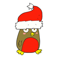 cartoon christmas robin wearing santa hat
