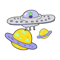 cartoon flying saucer in space